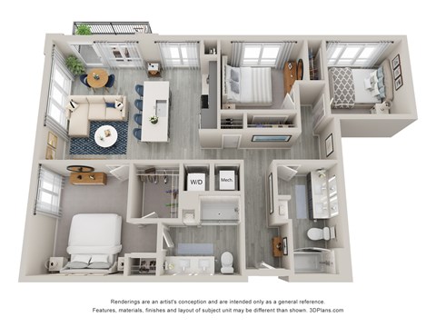 Floor plan for 3 beds, 2 baths, 1201 sqft